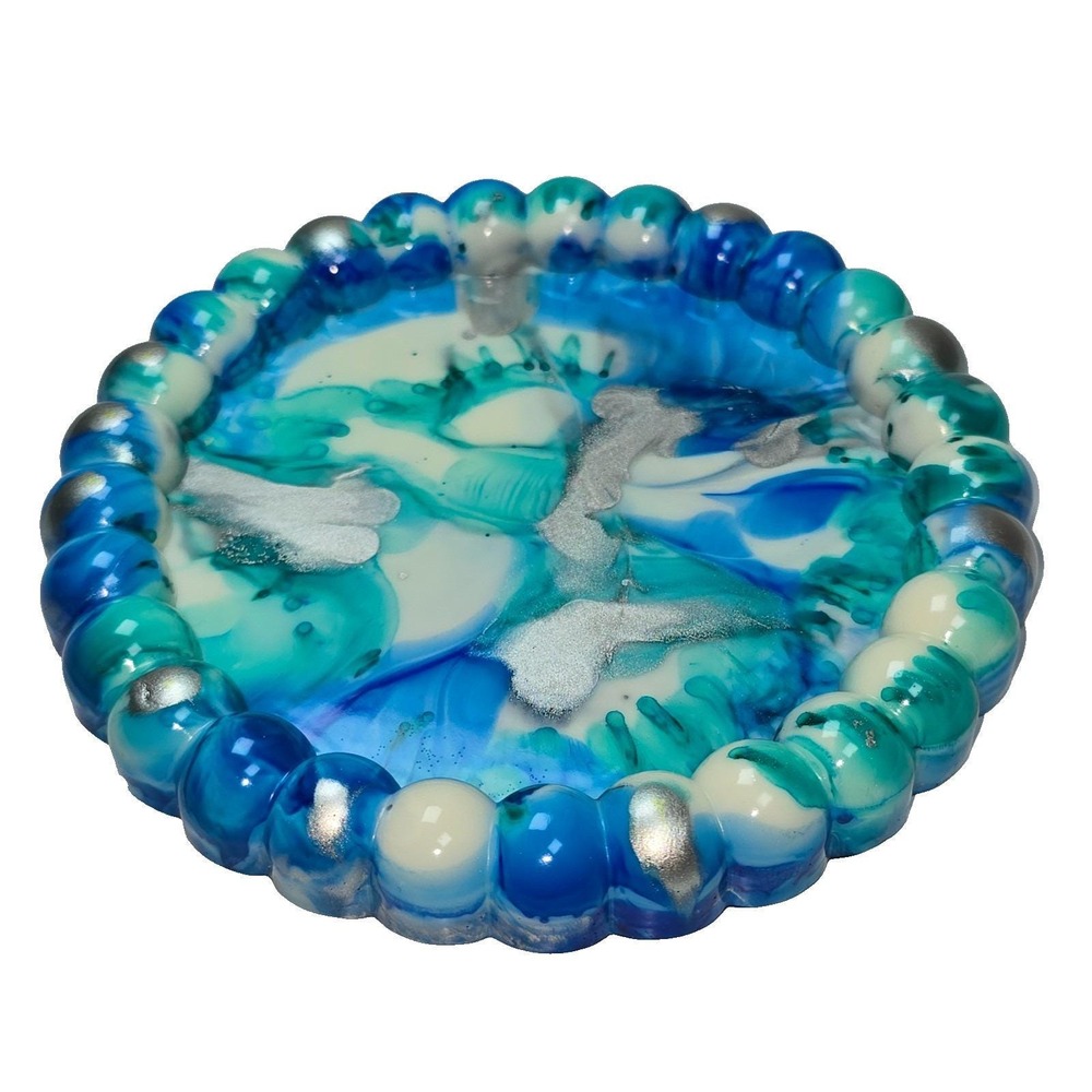 Handmade Resin Trinket Dish 5" Round Blue Teal Silver Alcohol Ink Bubble Rim Art